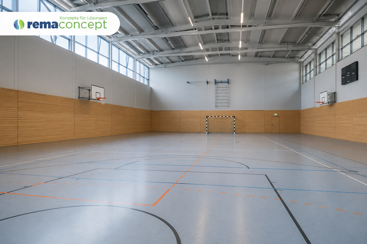 Leere moderne Sporthalle mit sauberem Hallenboden als Beispiel für professionelle und autonome Sporthallenreinigung.
