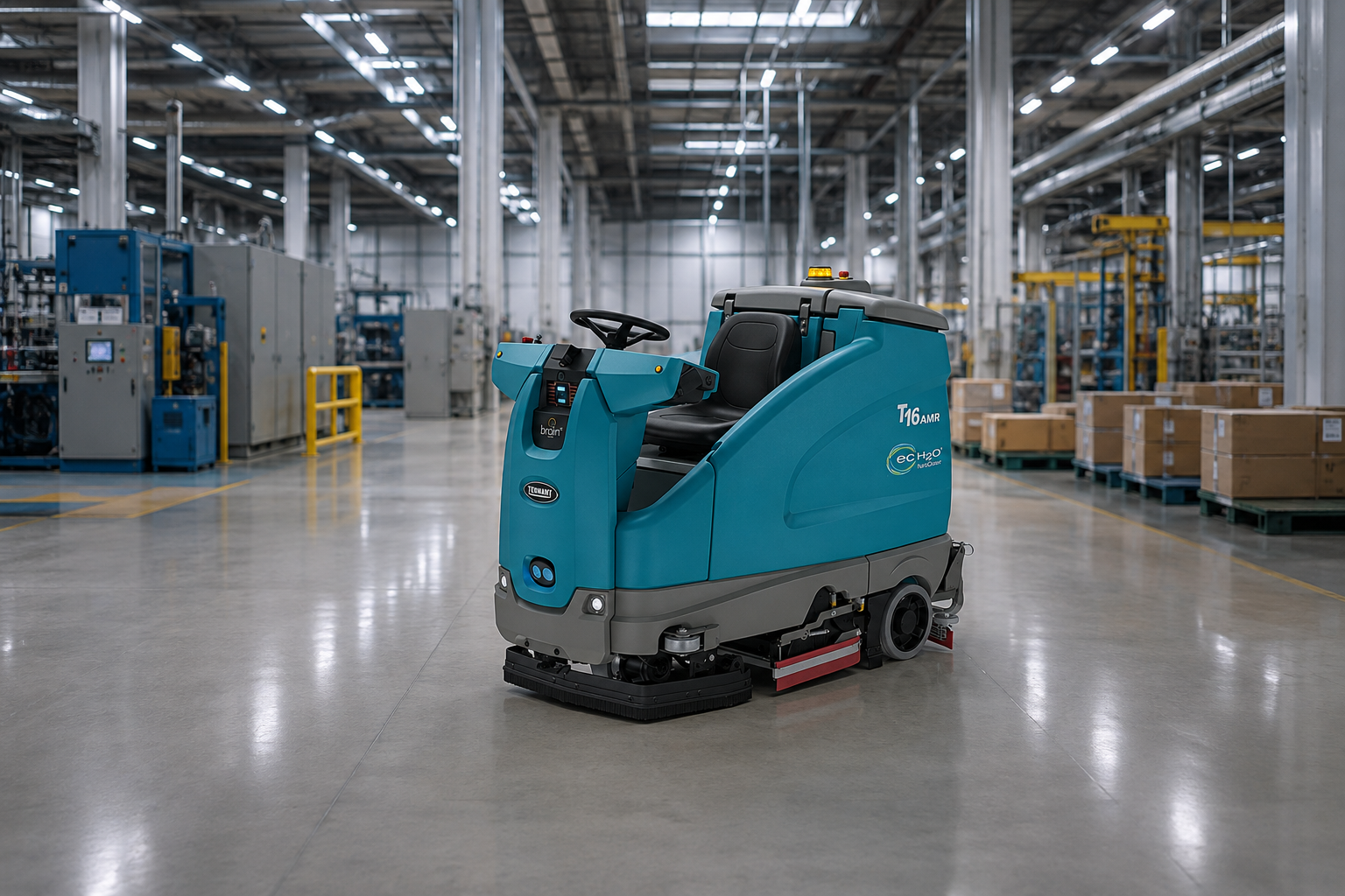 Tennant T16AMR Reinigungsroboter bei der autonomen Bodenreinigung einer großen Industriehalle